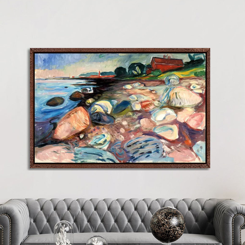 Shore With The Red House, 1904 by Edvard Munch - Print on Canvas, 152.5 cm H x 101.5 cm W, Classic Brown Wood Framed