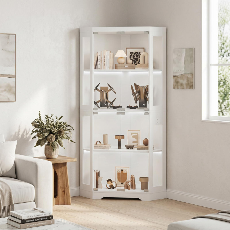 Vitrine en verre, armoires à 4 niveaux avec 3 lumières colorées, bibliothèque d'angle pour objets de collection, armoires de rangement avec capteur de corps humain et ports de charge pour le salon