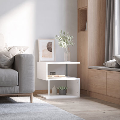 Table de bout chic de 20 po en forme de S blanche avec rangement, table d'appoint moderne élégante et polyvalente pour la maison