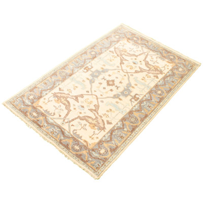 Tapis décoratif en laine noué à la main de conception unique 5 pi x 7 pi 8 po Deundray de couleur crème/gris