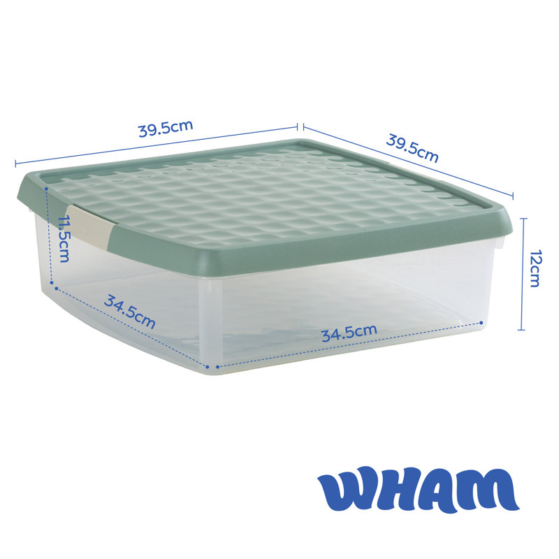 Wham Clip 13.2L Square Plastic Storage Boxes with Secure Clip Lock Lids. L:39.5 x W:39.5 x H:12cm Clear/Stone/Slate Grey