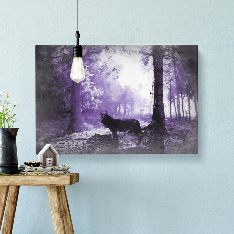 Black Wolf In A Purple Forest In Abstract - Wrapped Canvas Painting, 50cm H x 76cm W x 3cm D