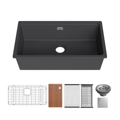 Montera 30 in. Drop-In/Undermount Single Bowl Quartz Composite Workstation Kitchen Sink in Matte Black with Accessories