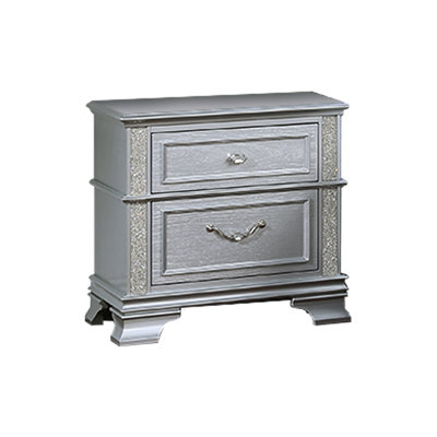 Contemporary Style 2 - Drawers Gray Bedside Cabinet With Chic Drop Bail Handle And Sparkling Glitter Accents, Bedroom Nightstand Modern Silver Stripes