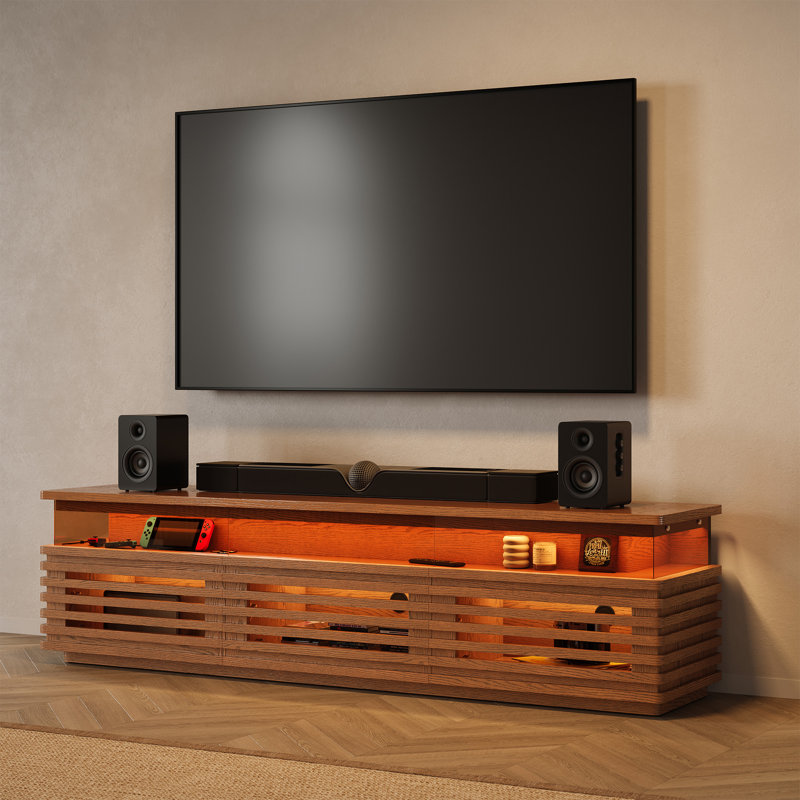Console multimédia à lattes Selene avec éclairage DEL, aucun assemblage requis, Noyer, H 20,47 po x L 78,74 po x l 17,72 po