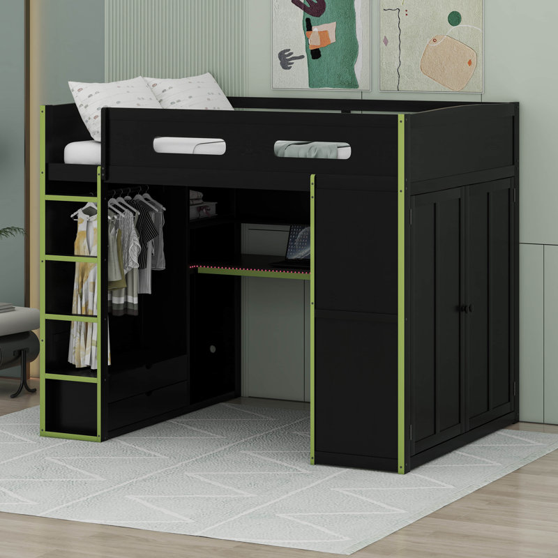 Full Size Wood Loft Bed With Desk,Wardrobe,Ample Storage Space,And RGB LED Light, Green