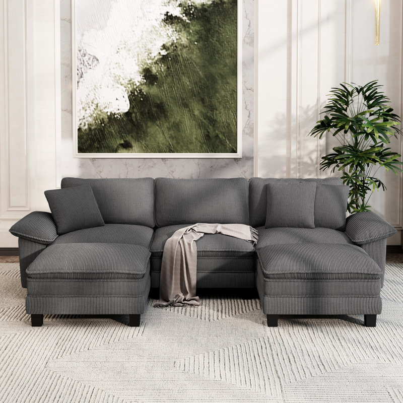 124" Modular Sectional Sofa, Oversized U Shaped Couches With Ottomans, 5-seater Deep Seat Sofa With Throw Pillow