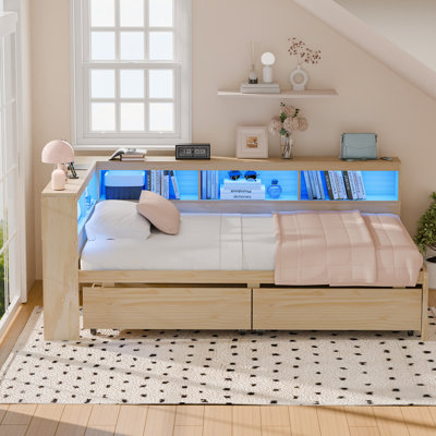 Corner Bed Frame With 2 Drawers And Storage Bookcase, Twin Daybed With Charging Station & Led Lights For Living Room, Bedroom & Guest Room by Brayden Studio
