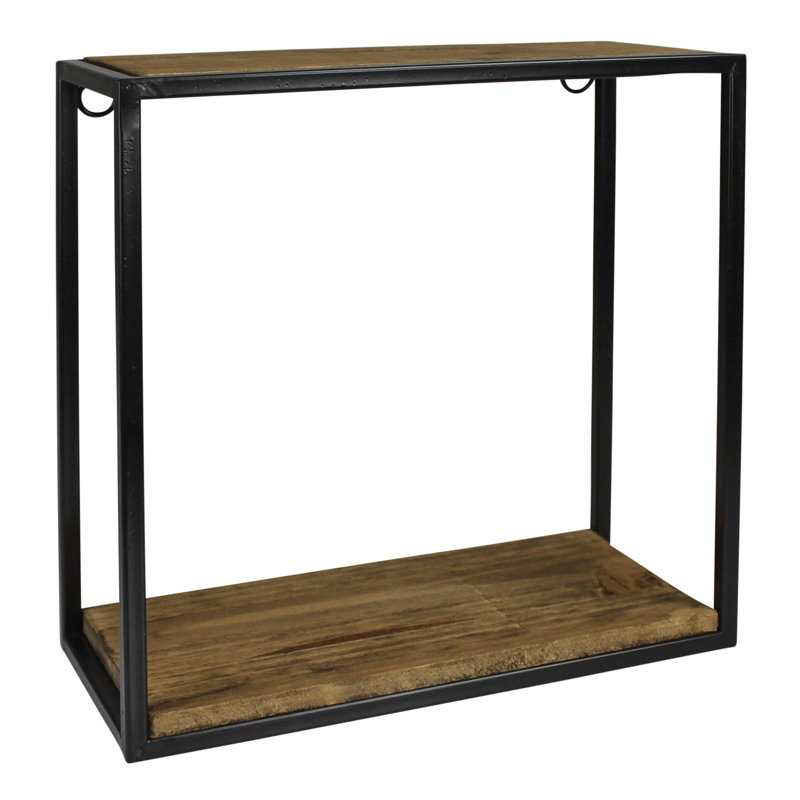 Small Square Black Metal and Wood Wall Shelf