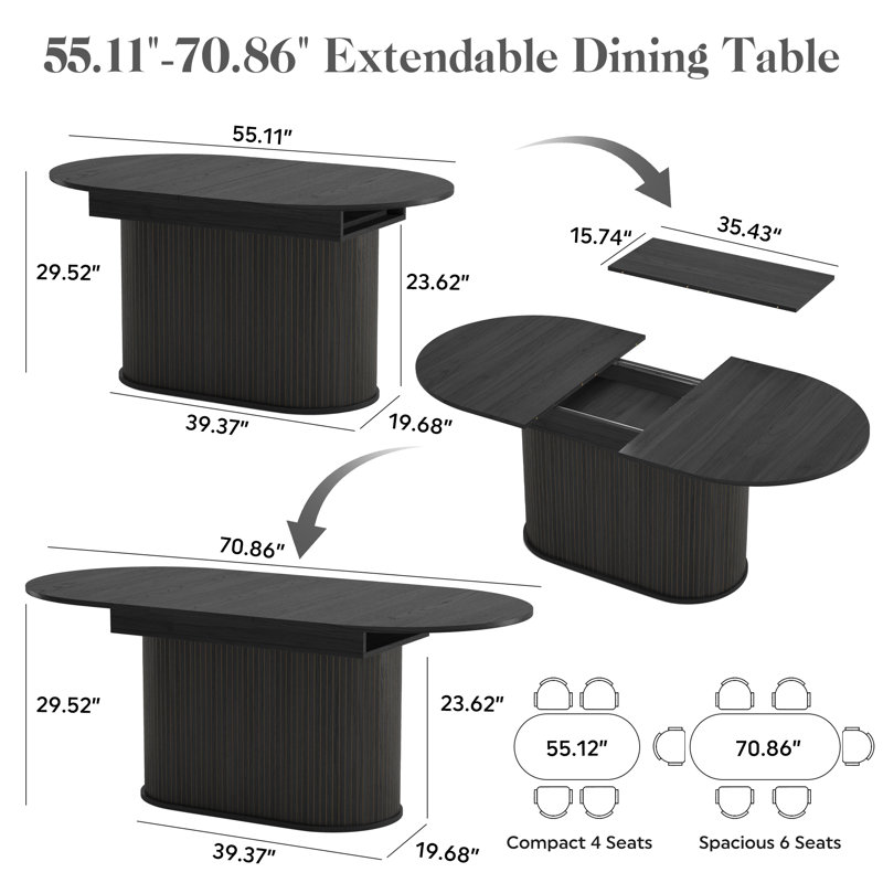 55.11" - 70.86" Extendable Dining Table, Modern Expandable Kitchen & Dining Room Table for Small Space, Seats 4-6, Easy to Clean, Space Saving