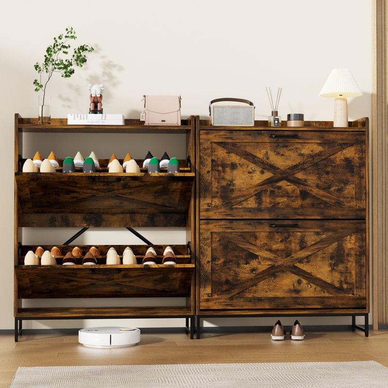 16 Pair Shoe Storage with 2 Smooth Flip Draws and Adjustable shelves，Farmhouse multi-Functional Shoe Cabinet  for Entryway, Narrow Space