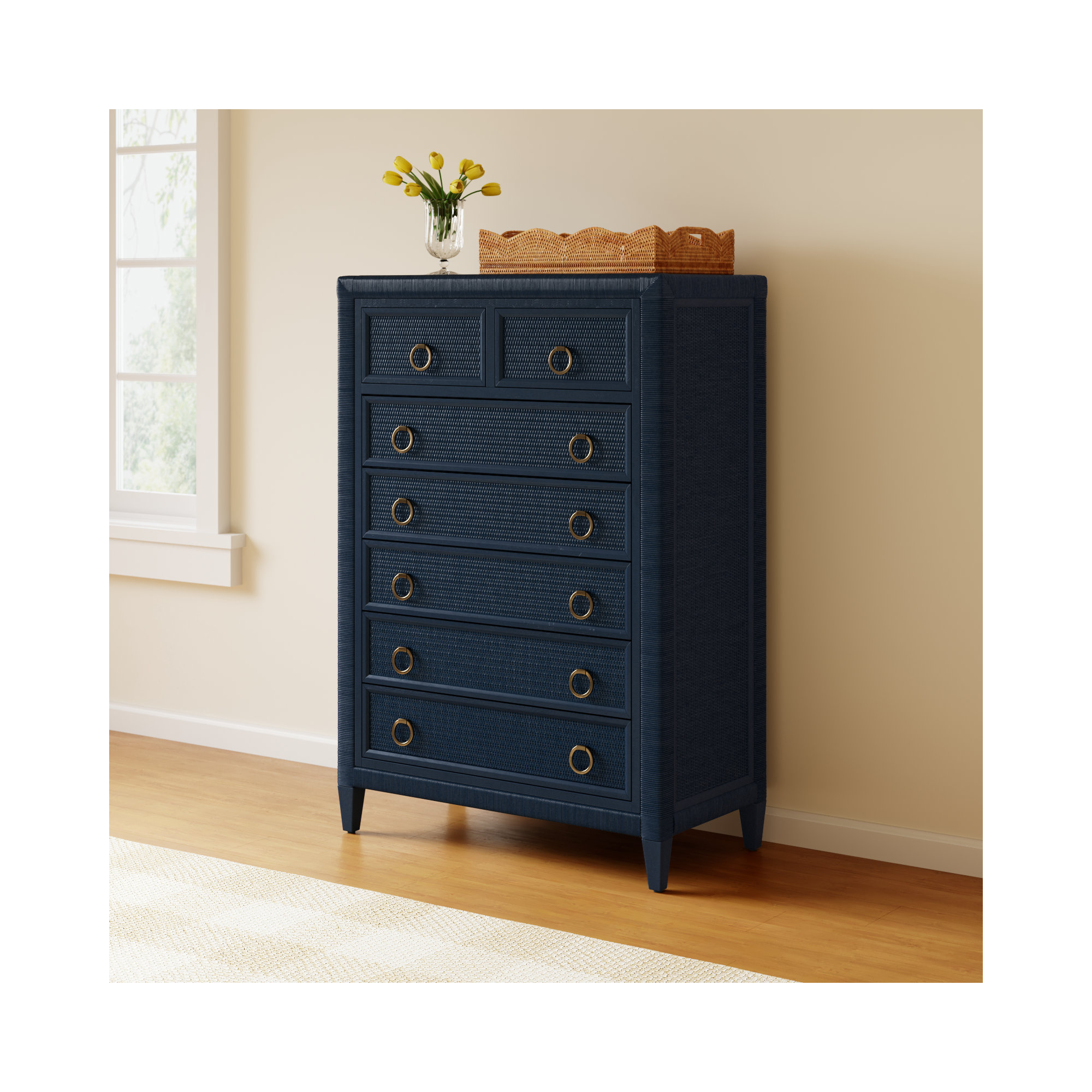 Warwick 7 Drawer Wicker Chest, Satin Brass, Navy