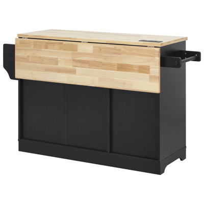 Lys 59-Inch Rustic Kitchen Island With Drop-Leaf Wood Top And Charging Station