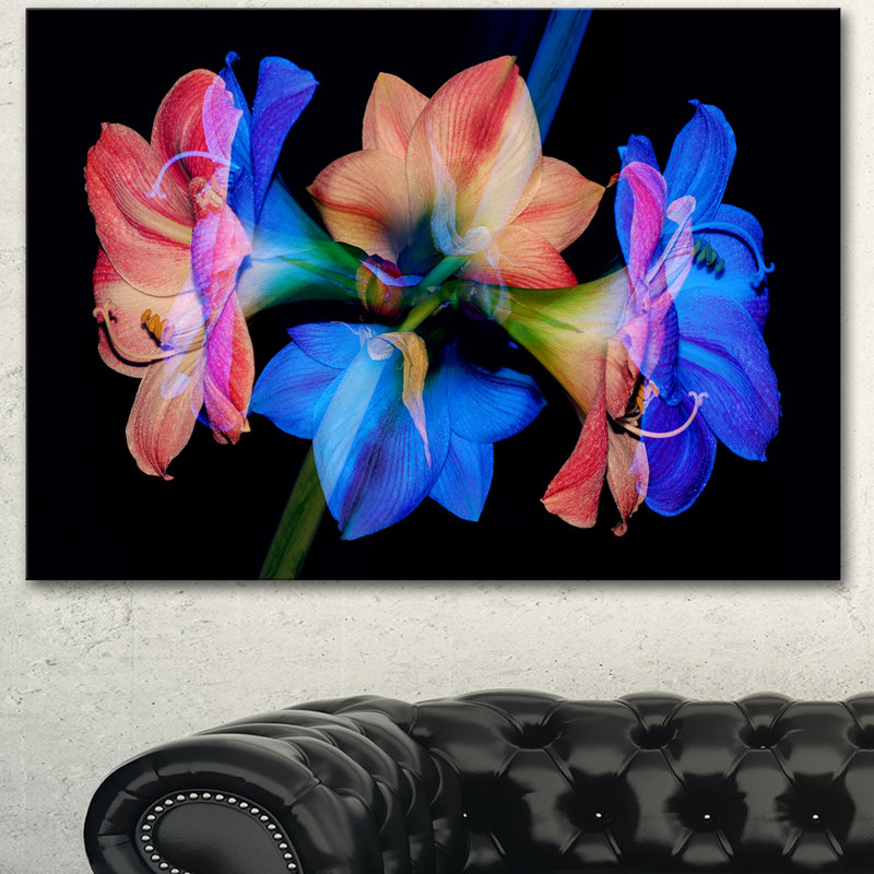 « abstract blue red fleur on black », impression sur toile tendue, H 16 po x l 32 po x P 1 po