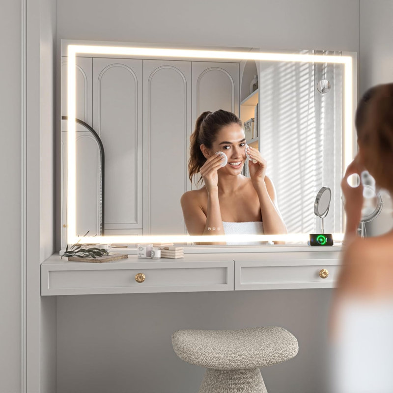 50" X 34" Square LED Lighted Makeup Vanity Mirror With 3 Dimmable Color Modes, Touch Screen Control, Wall Mounted Or Tabletop, White Finish