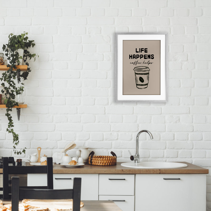 «Life Happens Coffee Helps», impression encadrée sous verre, conception de JJ Design House LLC, Cadre de ferme gris
