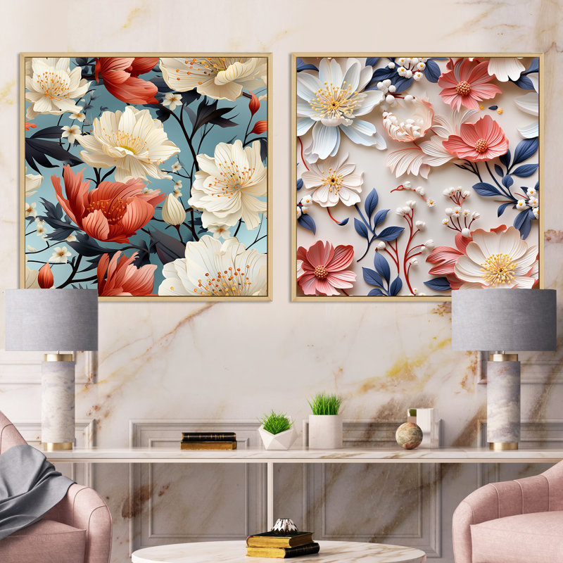 Glaude - Ensemble de 2 collages floraux carrés, H 16 po x l 33 po, Cadre flottant brun