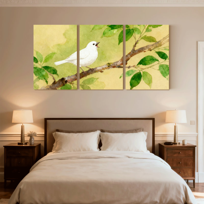 Oiseaux oiseaux blancs sur une branche avec feuilles vertes, ensemble de 3 impressions sur toile, H 30 po x l 60 po