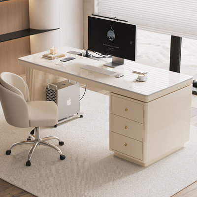 Blanc + pierre frittée rectangulaire cristal-crème + bois manufacturé + acier au carbone avec bureau à 3 tiroirs
