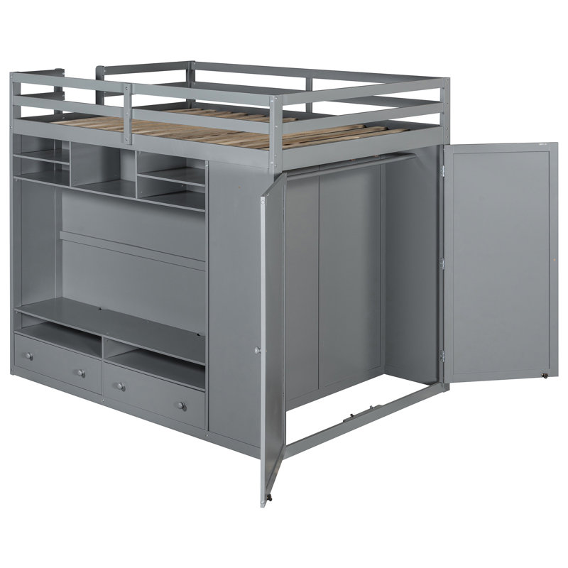 Lit mezzanine double gris avec système de rangement intégré, garde-robe et éclairage à télécommande pour chambres d'adultes Espace de rangement spacieux: tiroirs, tablettes, compartiment caché