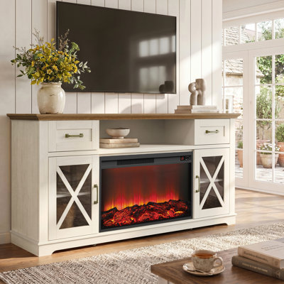 63" Farmhouse Tv Stand With Electric Fireplace, Media Entertainment Center With Adjustable Shelves & Glass Doors, Remote Control 7-color Heater For Living Room, White