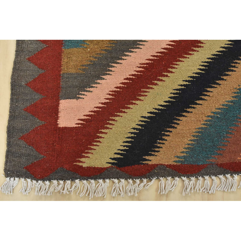 Tapis rouge / bleu / noir en laine noué à la main de conception unique 4 pi 8 po x 6 pi 1 po