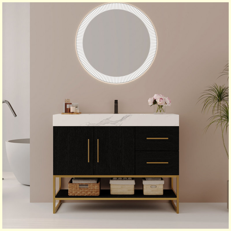 Meuble-lavabo autoportant moderne 36 po avec lavabo en céramique sans couture et plateau en pierre frittée, White
