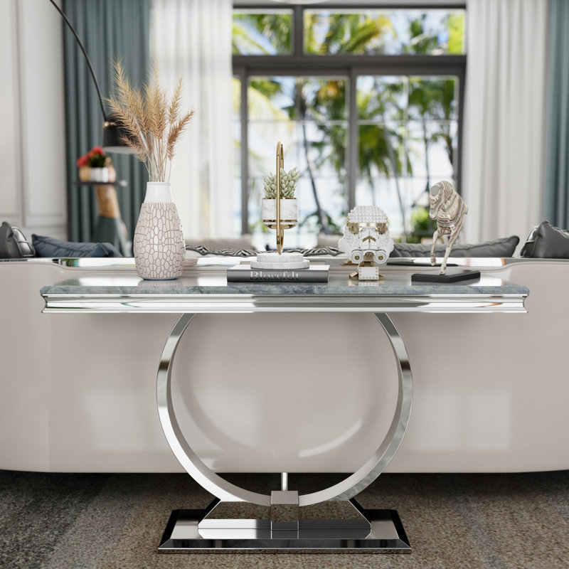 Luxury Console Table With Metal U Base And Gloss Texture Top, Grey/Silver