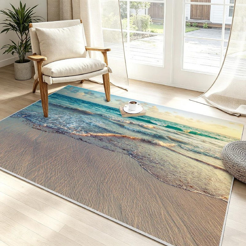 Tapis bleu clair transparent lavable à la machine avec paysage de lever de soleil, Rectangle 39 po x 63 po