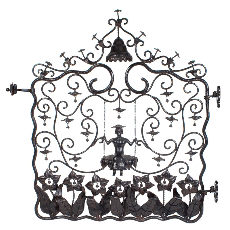 Black Forged Iron Garden Gate with Decorative Swing