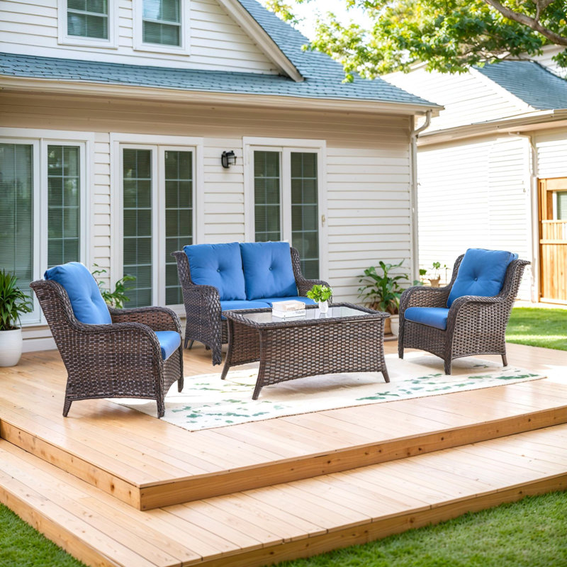 Carolina 4 - Person Patio Conversation Set with Cushions, Blue, Brown
