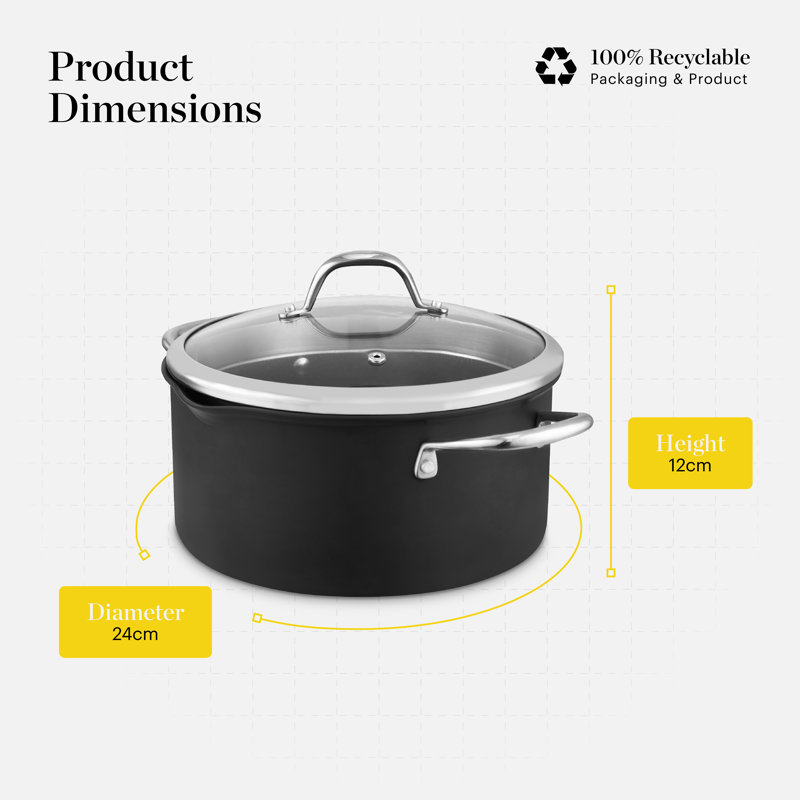 Good Food in partnership with Tower Hard Anodised Casserole Dish with Tempered Glass Lid, Pouring Lips, 10x Stronger Superior Ceramic Non-Stick Coating, Induction Compatible