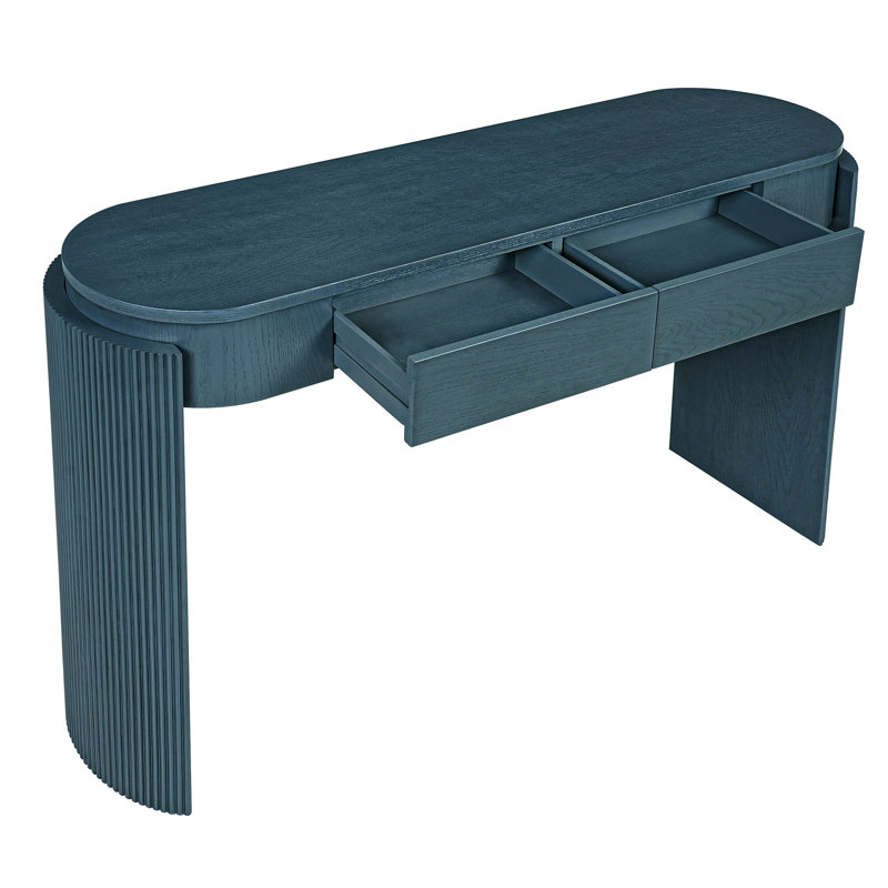Console, marine, placage de chêne naturel, forme ovale, pieds cannelés, support de tiroir de 16 lb, plateau en bois, détail classique, rangement, maquillage