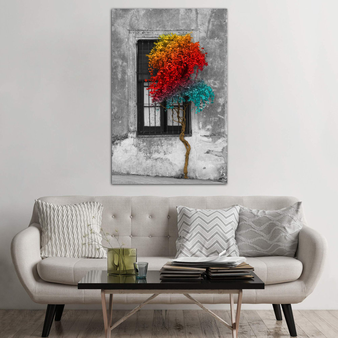 'Tree in Front of Window Rainbow Pop Colour Pop' Photograph on Wrapped Canvas