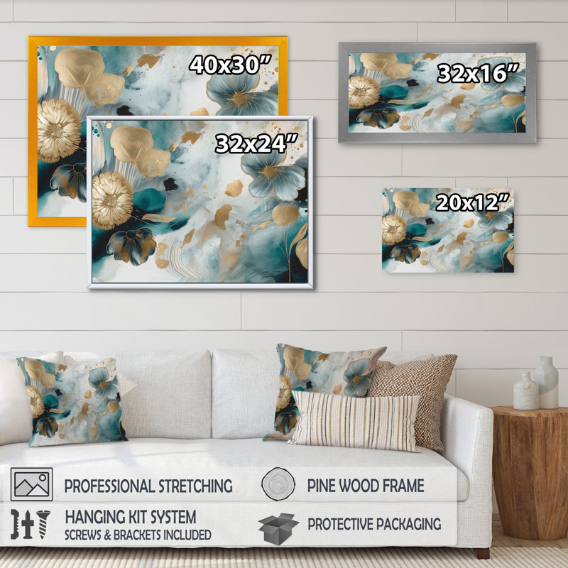 «Blue and Gold Exploration Floral Forms I», reproduction d'art sur toile florale abstraite, H 16 po x l 32 po x P 1 po