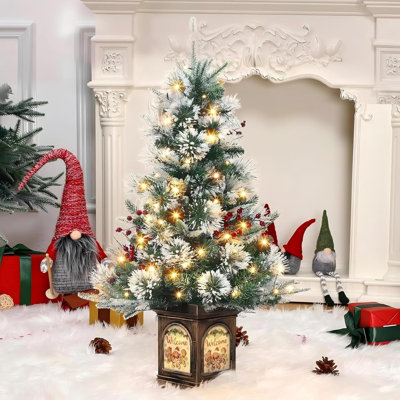 Arbre de Noël illuminé 3 pi avec 78 lumières DEL, arbre artificiel avec flocons de neige et baies rouges, base en wapiti blanc pour la maison, le porche, le bureau, la décoration de fête