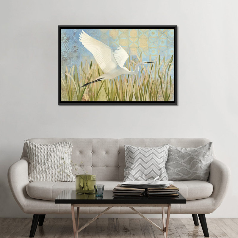 «Snowy Egret in Flight», impression sur toile, H 18 po x l 26 po x P 1,5 po, Toile avec cadre noir, Pas de tapis