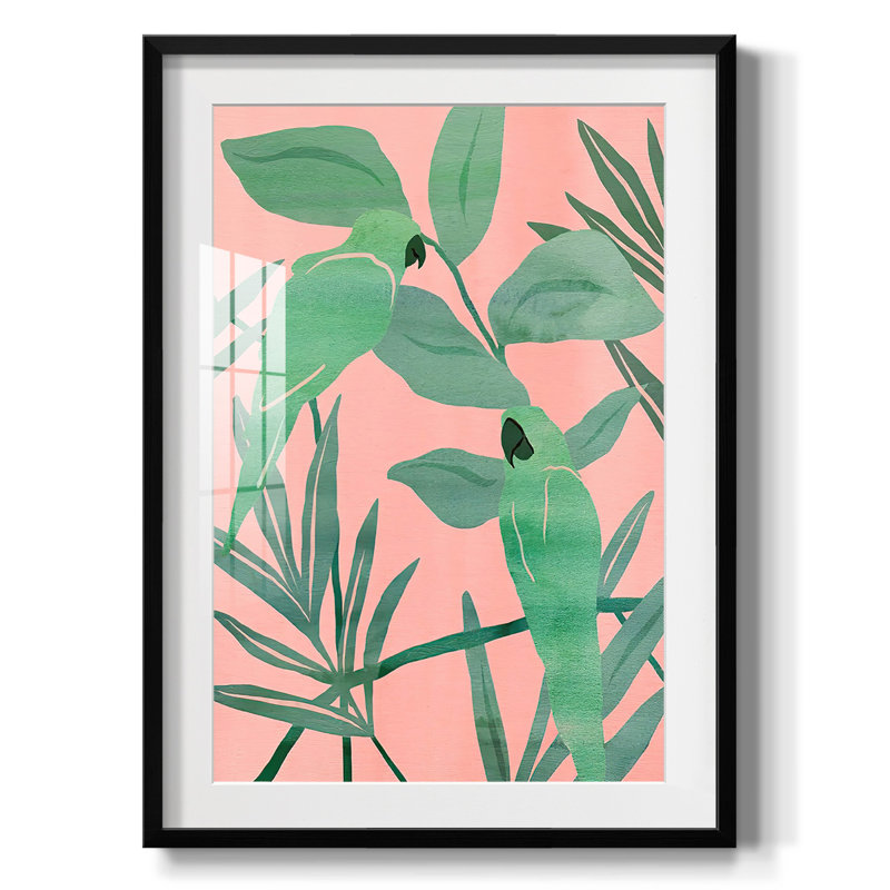 Oiseaux de paradis roses et verts I - impression encadrée, H 28,5 po x l 20,5 po, Noir