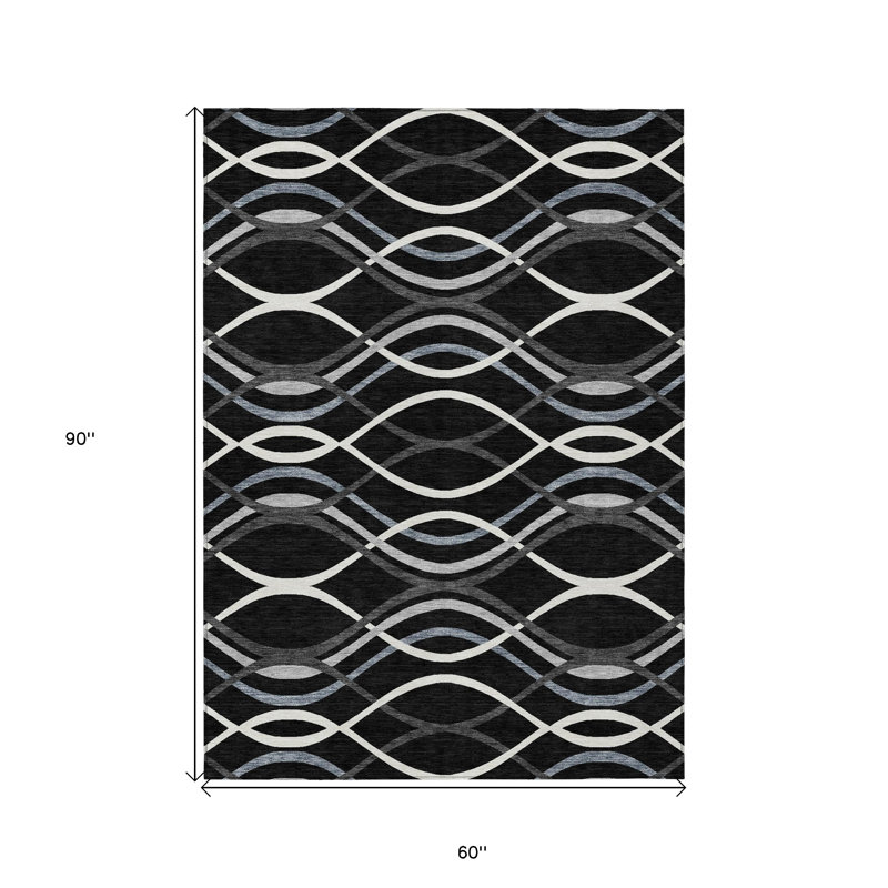 Tapis extérieur lavable abstrait gris et ivoire 5 pi x 8 pi noir