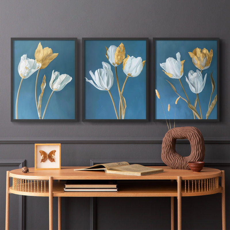 Étude florale XLIV - ensemble de 3 estampes numériques - prêt à accrocher, Cadre noir, H 20 po x l 16 po