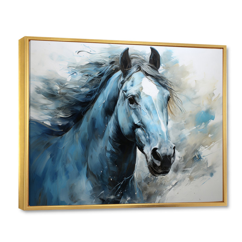 «Blue Horse Vibrant Blue Equine I», art mural grand cheval, Cadre flottant doré, H 34 po x l 44 po x P 1,5 po