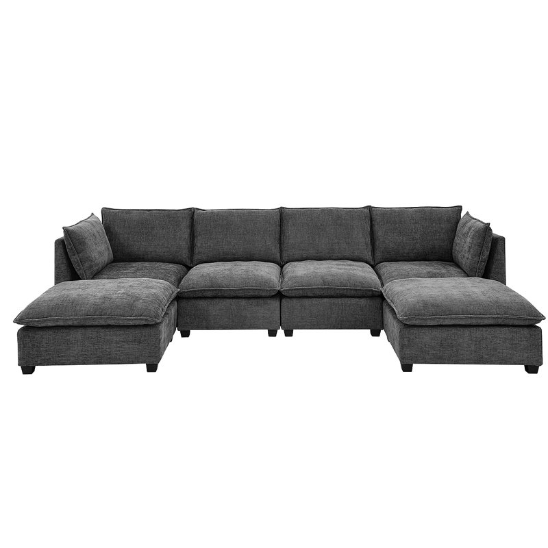 Canapé modulaire 4 places avec 2 repose-pieds, canapé-lit en chenille Cloud, Gris