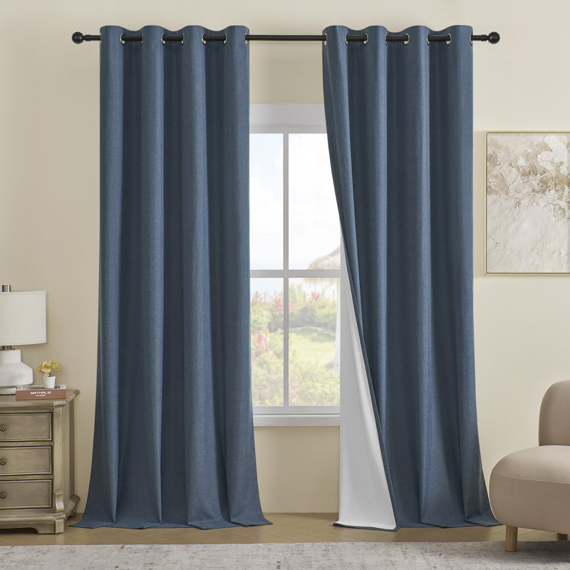 Leming 100% Waterproof and Blackout Solid Color Polyester Linen Textured Grommets Curtains Panel, 52" W x 84" L, Navy Blue