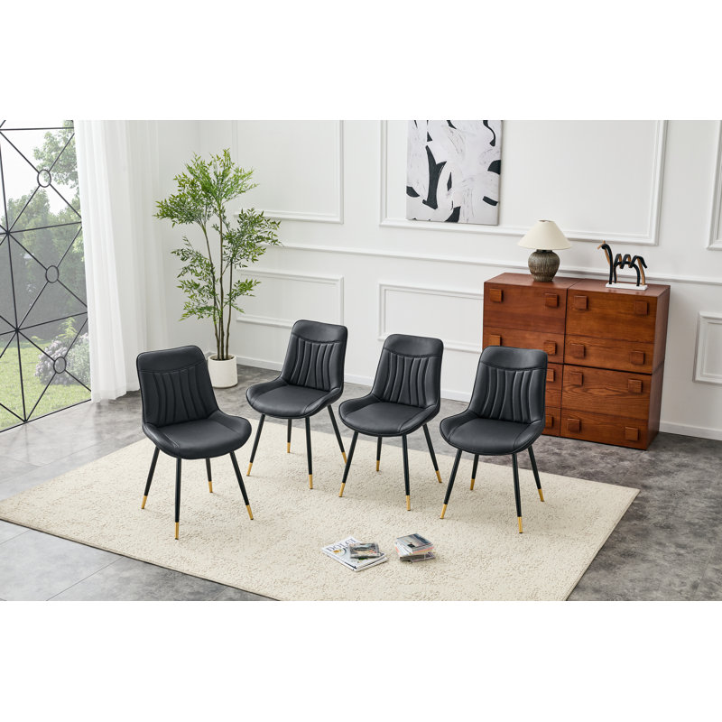Ensemble de 4 chaises de salle à manger rembourrées en tissu noir Tech avec pieds en métal noir semi-lustré, pieds réglables antidérapants à garniture dorée, dossier haut à coutures verticales (noir, ensemble de 4)