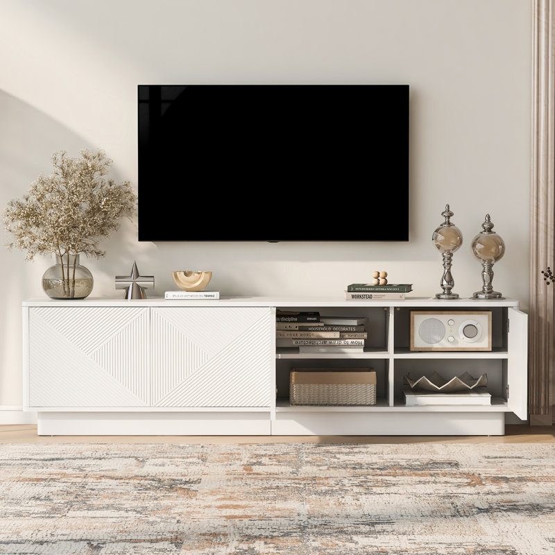 Meuble télé 4 portes avec tablettes réglables et lumière DEL, White