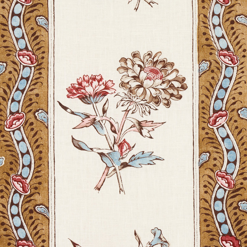 Ariana Floral Stripe Fabric, Brown/Red/Cream