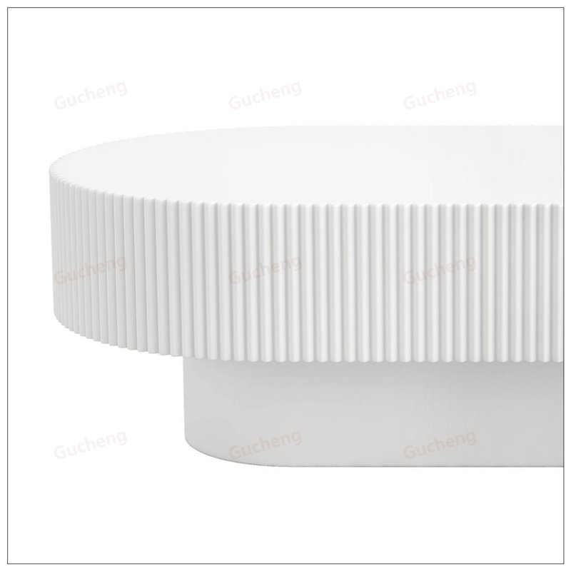 Table basse ovale élégante de 43,3 po de largeur avec plateau de 6,8 po d'épaisseur, table de bout tambour de style crème moderne, table centrale cannelée minimaliste avec base robuste pour le salon, assemblage facile