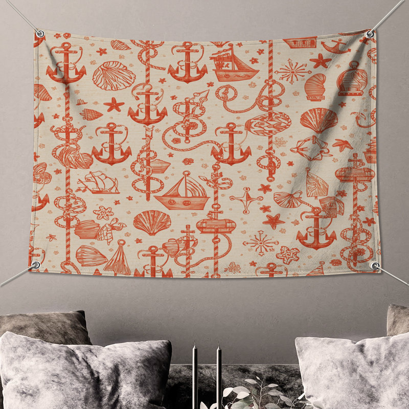 Tapisserie murale «Nautical Anchor Shells» - Décoration murale nautique, H 68 po x l 80 po avec 4 œillets