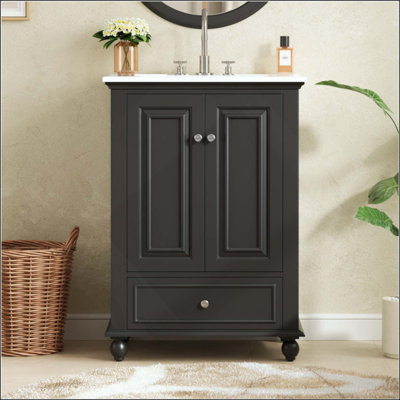 Meuble-lavabo de salle de bain avec lavabo en céramique, armoire de rangement de salle de bain avec portes à fermeture douce, armoire de salle de bain avec tiroir et séparateurs de tiroir