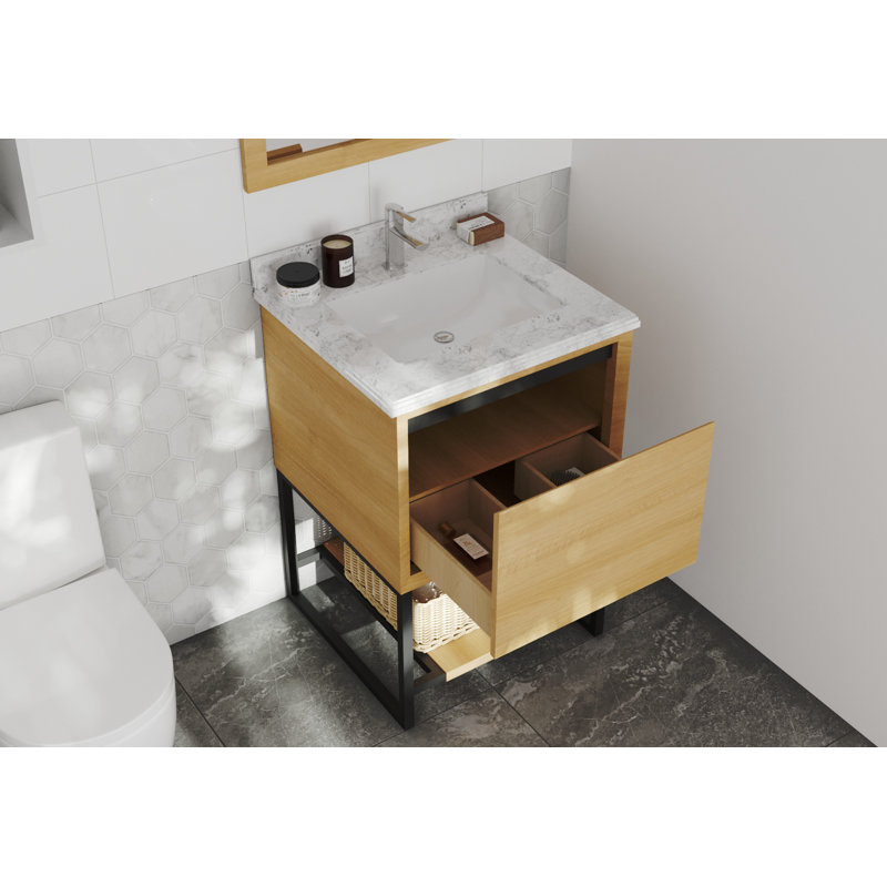 Ensemble de meuble-lavabo de salle de bain simple monté à deux pouces 24 po Riey, Marbre de Carrare blanc